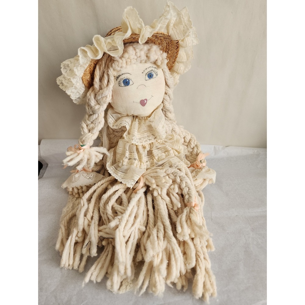 Vintage Handmade Mop Doll Cream Yarn Braids Lace Ruffle Dress Straw Bonnet 18in